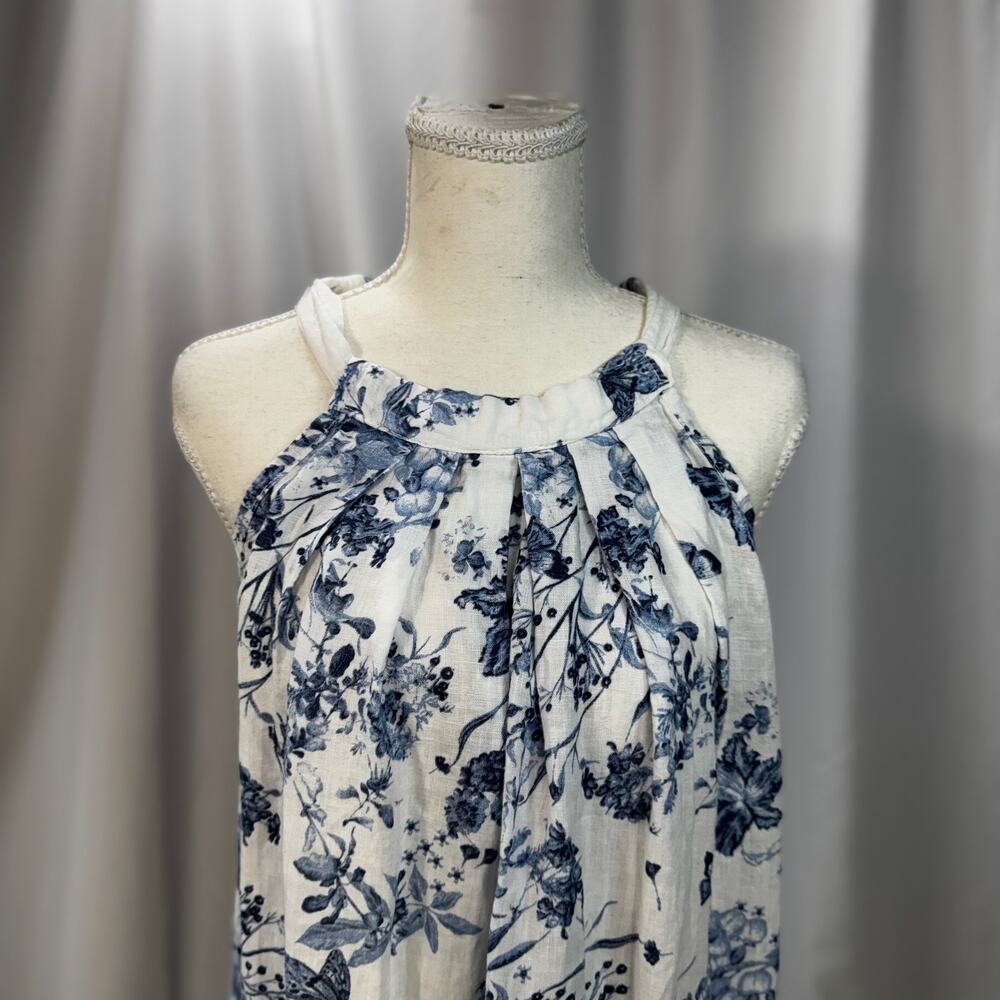 Italian Linen Trapeze Dress Ecru Blue Toile Floral Tie Neck Lined S/M Resort - Picture 8 of 14